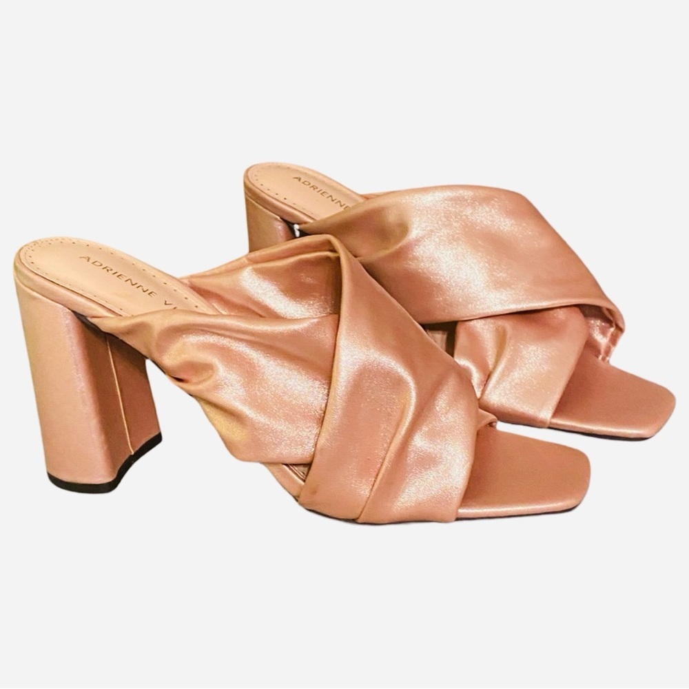 Adrienne Vittadini Sandals 7.5 Pink Shimmer Faux Leather Block High Heel Mules